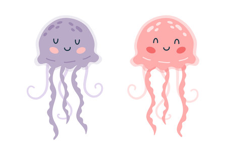 Set of cartoon hand drawn happy baby jellyfish on isolated white background. Character of the sea animals for the logo, mascot, design. vector illustrationのイラスト素材