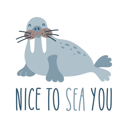 Lettering quote sea life, ocean, beach, summer vacation with cute cartoon walrus. Poster, print, postcard, sticker on a marine theme. Nice to sea you. vector illustrationのイラスト素材