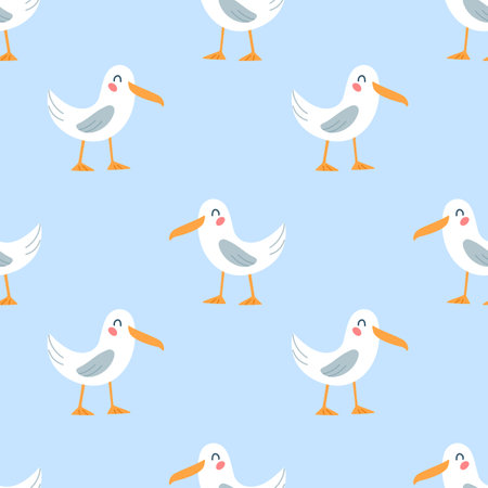 Seamless pattern funny cute cartoon seagulls on a blue background. sea birds. Design for printing, textiles, fabrics. vector illustrationのイラスト素材
