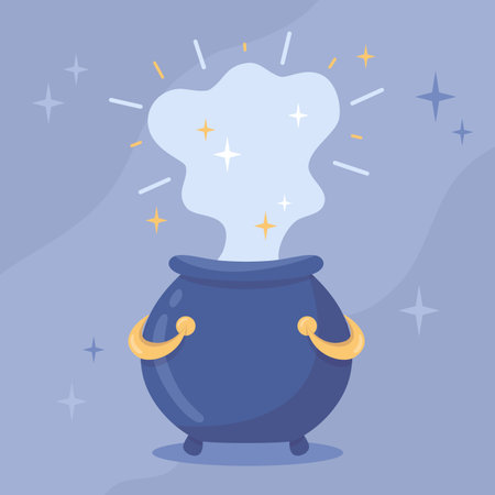 Magic cauldron illustration in flat cartoon style. Witchcraft Halloween which attributes.のイラスト素材