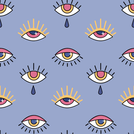 Esoteric magic eyes seamless pattern on lilac background. Colored evil eye icons with eyelashes and tear in flat styleのイラスト素材
