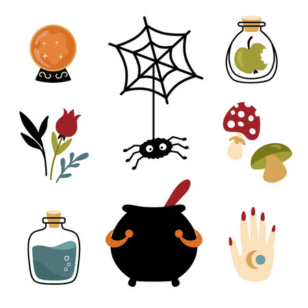 Halloween witch design elements in cartoon flat style. Cobweb, cauldron, crystal ball, potions and herbs.のイラスト素材