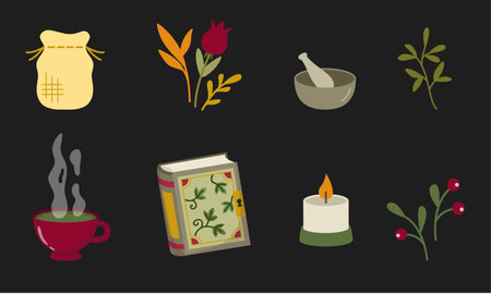 Herbology set design elements. Medical, magical herbs and tools in a cartoon flat styleのイラスト素材