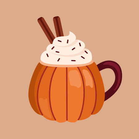 Pumpkin mug isolated in flat style. Pumpkin spice latte. Coffee hot drink.のイラスト素材