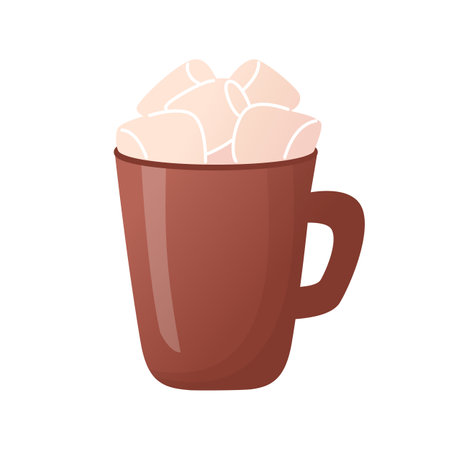 Brown mug with hot dessert drink, coffee, cacao decorated with marshmallow. Flat cartoon style.のイラスト素材