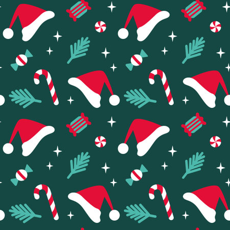 Christmas elements seamless pattern for paper, fabric, decoration. Dark green holidays background. Flat style.のイラスト素材