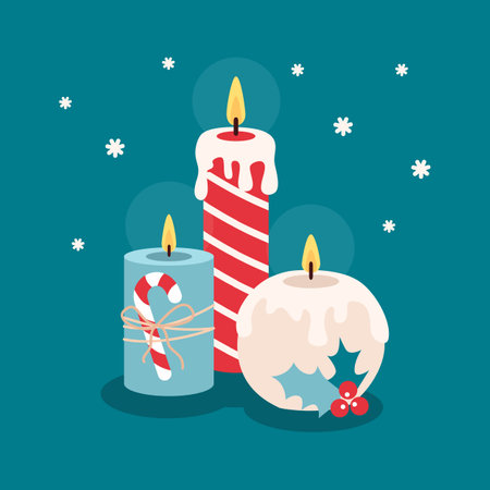 Winter Christmas cozy candles with candy cane, red berries. Vector illustration in flat style.のイラスト素材
