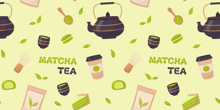 Matcha tea seamless pattern. Tea matcha powder, teapot, tea leaves, whisk, spoon, traditional cup and matcha dessert flat style background. Tools for Japanese matcha tea ceremony.のイラスト素材