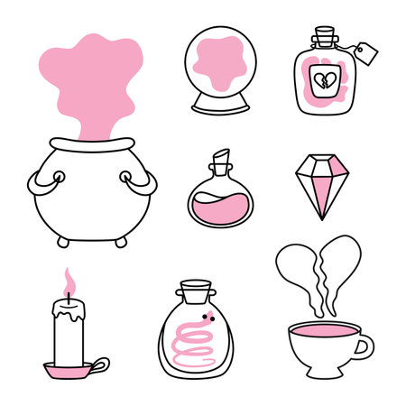 Silhouette set of magic elements in pink doodle cartoon style. Cauldron, magic ball, potion, crystal, candle design elements.のイラスト素材