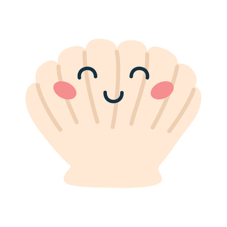 Cartoon hand drawn happy shell on isolated white background. Character of the sea animals for the logo, mascot, design.のイラスト素材