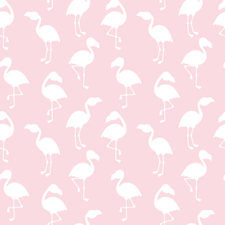 White flamingo silhouette seamless pattern. Pink background for fabric, wrapping paper, print, decor.のイラスト素材