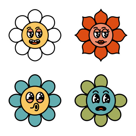 Cute groovy flowers cartoon characters. Daisy with funny face. Design element in trendy retro style.のイラスト素材