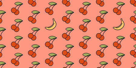 Cartoon retro doodle cherry and banana seamless pattern on pink background