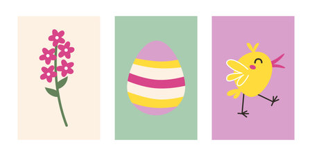 Easter card set. Cute chiken, spring flower, easter egg. Posters, strikers, print, design elements.
