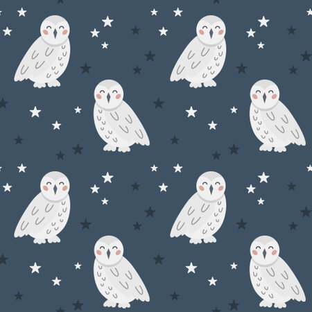 Seamless pattern with cute hand draw white polar owl and stars on dark blue background. Design for printing, textile, fabric.のイラスト素材
