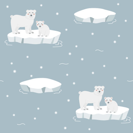 Seamless pattern with cute cartoon hand draw polar bear and baby bear on ice floe on blue background. Arctic animal. Design for printing, textile, fabric.のイラスト素材