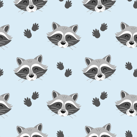 Seamless pattern with cute funny cartoon raccoon head and paws in flat style on blue background. Forest animal background for print, textile, wrapping paper. Vector illustrationのイラスト素材