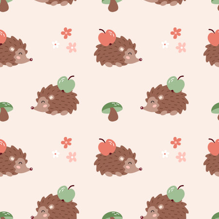 Seamless pattern with cute hedgehog with apple, mushroom and flower. Forest animal background for print, textile, wrapping paper, wallpaper, nursery.のイラスト素材