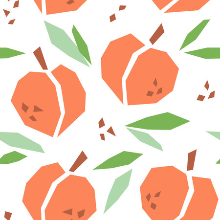 Peach cartoon seamless pattern. Tropical fruits background isolated on white. Peach with leaves and...