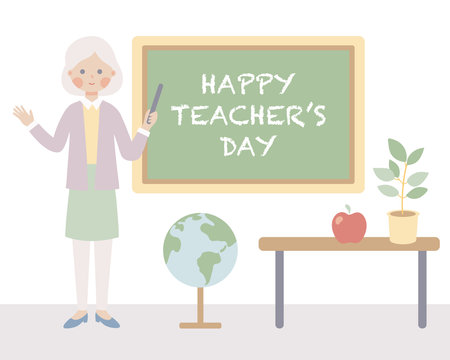 Cute poster, banner happy teacher day. Teacher in front of chalk board in class. Teaching, learning. Cartoon flat style illustration.のイラスト素材