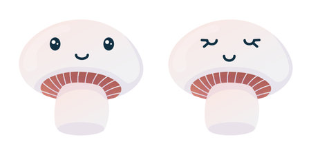 Set of cartoon kawaii champignons. Mushrooms characters with cute faces. Vector illustration isolated on white.のイラスト素材