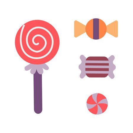 Set of cute cartoon candies. Lollipop, sweets, caramel. Design elements in Halloween colors. Flat illustration isolated on a white background.のイラスト素材