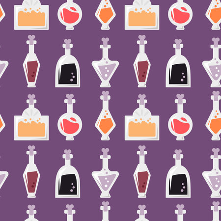 Seamless pattern with cute cartoon potions in bottles of different shapes. Halloween, witchcraft violet background for print, fabric, wrapping paper.のイラスト素材