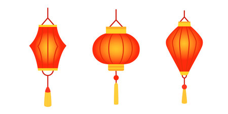 Chinese red holiday glowing lanterns set. Asian decoration. Design cartoon elements in flat style.のイラスト素材