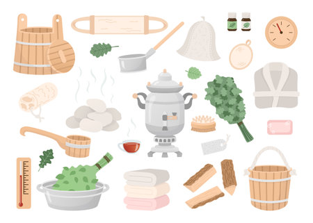 Sauna, bath items set in cartoon flat style. Spa, Russian bath house icons, hand drawn design elements. Vector illustrationのイラスト素材