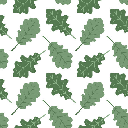 Seamless pattern green oak leaves cartoon flat style.のイラスト素材