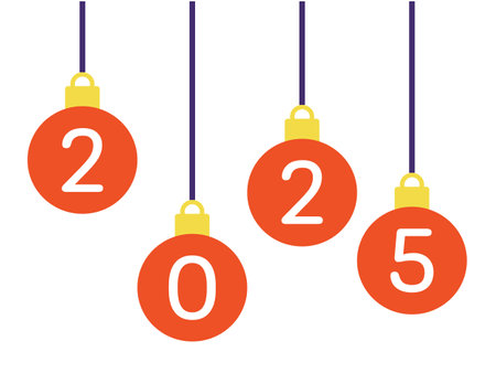 2025 new year celebration. Christmas balls with numbers 2025 in cartoon flat style design element.のイラスト素材