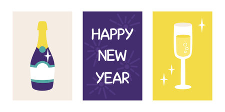 Happy New Year celebration cute posters, greeting cards, banners set. Bottle and a glass of champagne in a cartoon flat style.のイラスト素材