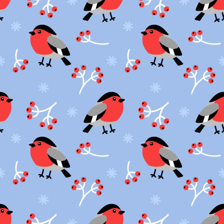 Seamless pattern with cartoon bullfinch, branches with red berries and snowflakes on blue background. Winter pattern for print, fabric, wrapping paper.のイラスト素材