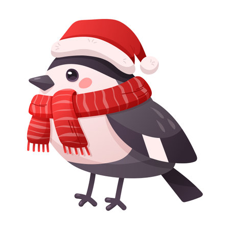 Cute bird character in red cap and scarfのイラスト素材