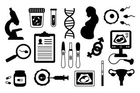 Pregnancy set black silhouette elements. Medical test, sex determination, fertilization. Uterus and sperm.のイラスト素材