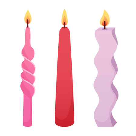 Set of candles of different shapes in cartoon flat style. Romantic pink and red candles for Valentines Day, wedding, bachelorette party, home decor.のイラスト素材