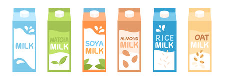 Different types of alternative milk set. Milk packaging in flat style. Oat, soy, rice milk. Almond milk. Matcha.のイラスト素材