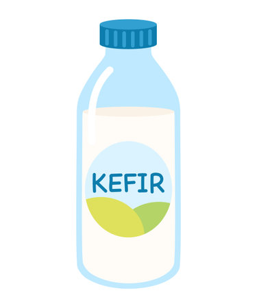 Kefir in bottle packaging illustration flat style. Fermented milk product.のイラスト素材