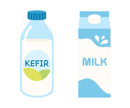 Kefir in bottle packaging and milk illustration flat style. Fermented milk product.のイラスト素材