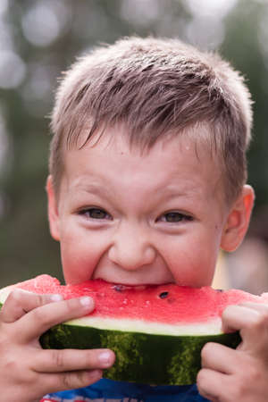 The boy eats watermelon with delight. Bites red flesh strongly. Summer is the time for vacations and vacations.の写真素材