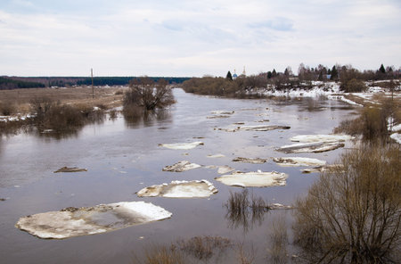 Small white ice floes lined up in a line float down the river. Spring, snow melts, dry grass all...
