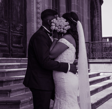 Newlyweds, bride and groom, marriage, old buildingの写真素材