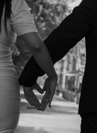 newly married couple, hands and heartの写真素材