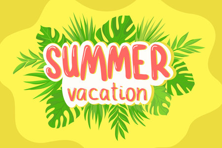 Summer vacation and holiday flat lettering with palm leaf. Vector illustration.のイラスト素材
