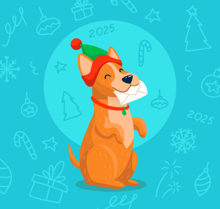 A cute dog in an elf hat holding a letter. Christmas vector illustration.のイラスト素材