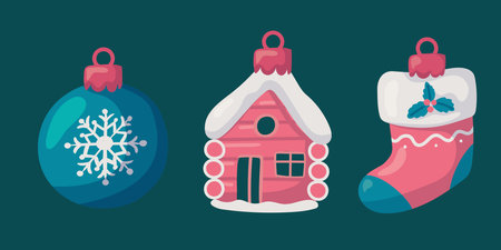 Xmas decorative elements collection. Glass balls, stocking, house, Christmas tree. Vector illustrationのイラスト素材