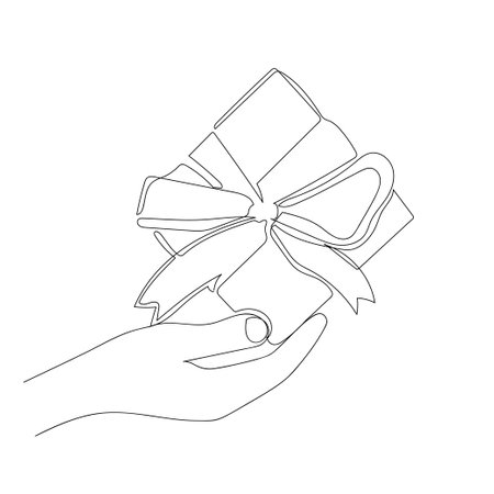 Christmas gift in hand in one line drawing style. Vector minimalist illustration.のイラスト素材