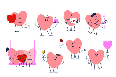 Cute hearts mascot characters. Health, lovely hearts icon set, valentines day. Flat vector illustration isolated on whiteのイラスト素材