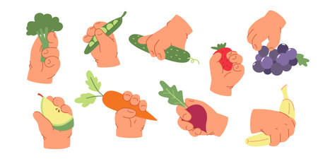 Children and healthy eating. Simple and cute illustration of kids hands holding vegetables and fruits for kids menuのイラスト素材