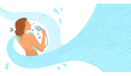 A girl sings in the shower, splashed with water. Water splash, drop and cartoon wave flow background.のイラスト素材